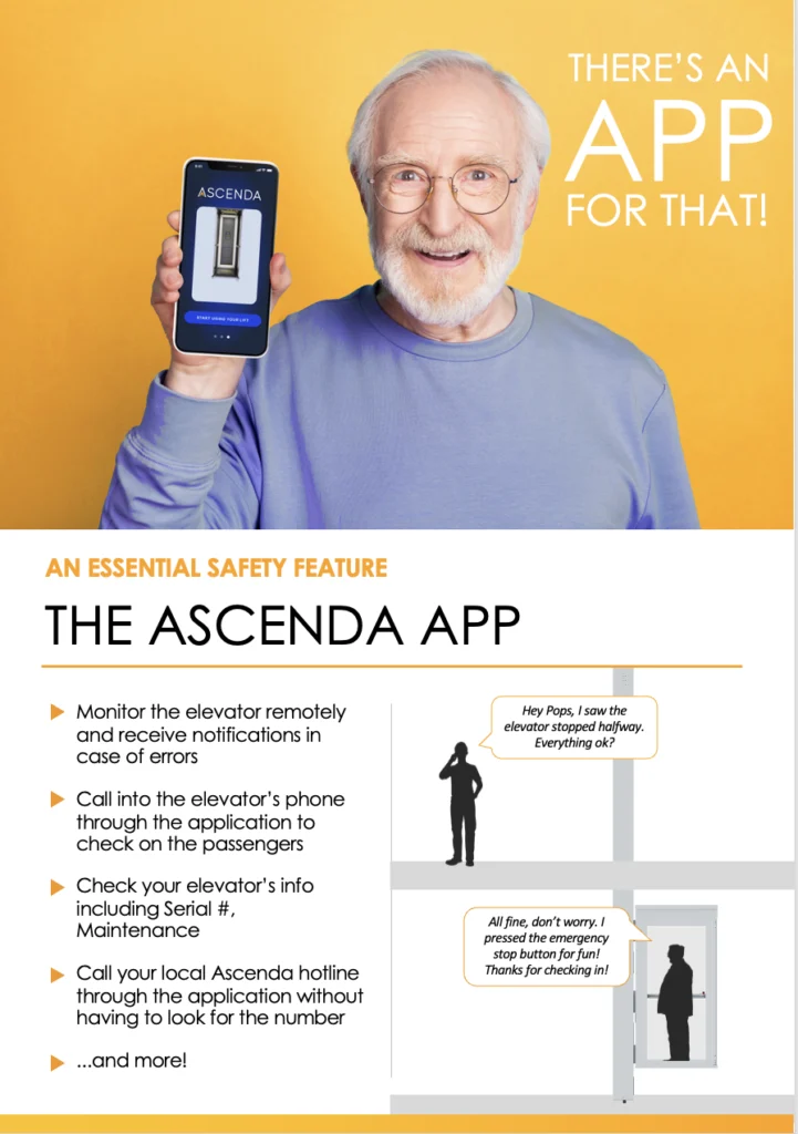 Ascenda App displayed on a smartphone held by an elderly man, with an infographic showing remote lift monitoring, passenger checks, maintenance information, and emergency communication features.
