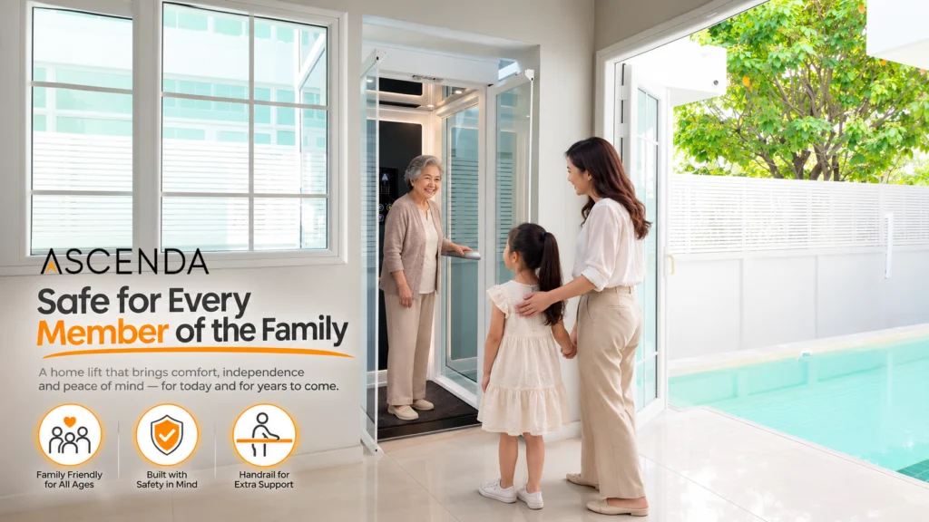 Ascenda home lift with a grandmother inside holding the handrail, while a mother and daughter stand nearby in a bright modern home beside a swimming pool.