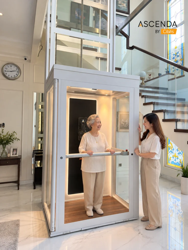 Home lifts for the elderly in the Philippinesa woman inside a modern glass home lift with her daughter beside it